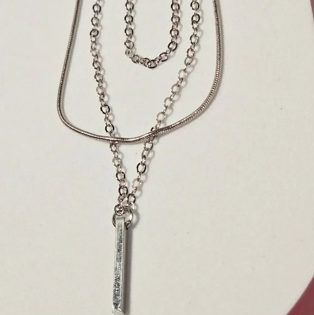 Sleek Silver Bar Pendant Multi-Layer Necklace Snake & Cable Chains Stacked NWT